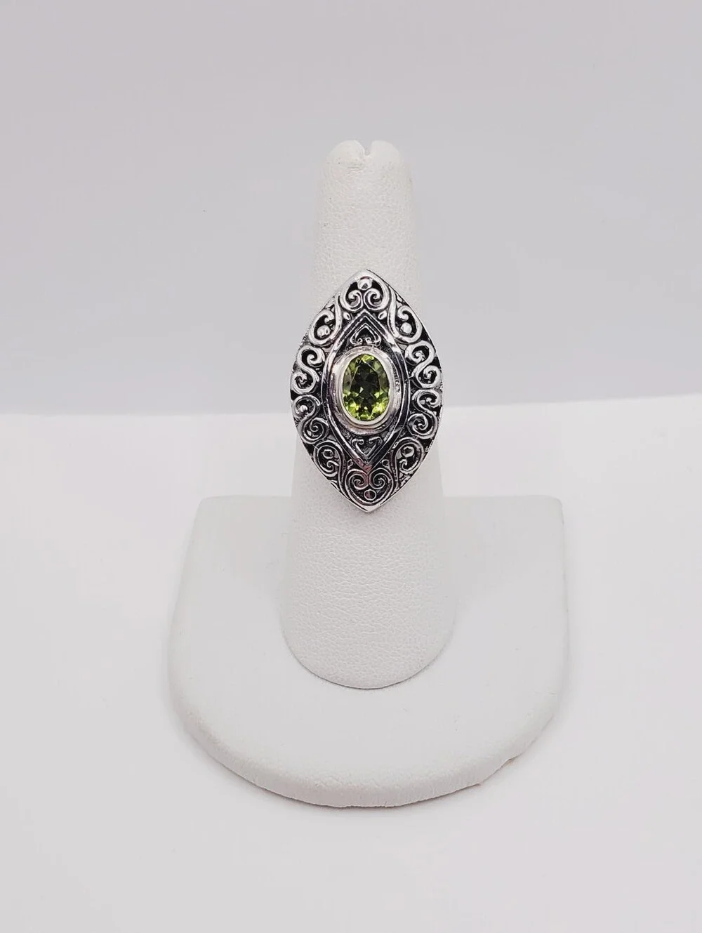 Oval Bezel Set Genuine Peridot 925 Sterling Silver Scroll Statement Ring